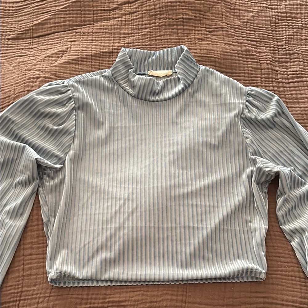 Altar'd State Blue Ribbed Fitted Blouse with Mandarin Collar